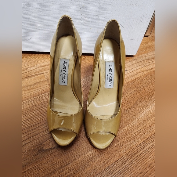 Jimmy Choo Shoes - Jimmy Choo Beige Patent Leather Baxen Wedge Peep Toe Pumps Size 35 1/2